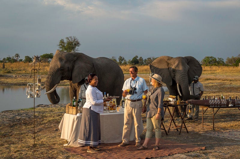 Elevated luxury safari lodge overlooking waterhole, featuring thatched roofs, wooden decks, and lantern-lit pathways in desert landscape