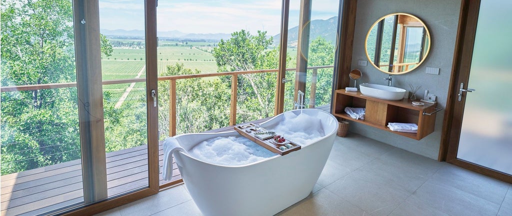 Luxurious hotel room at Clos Apalta Residence with panoramic vineyard views, contemporary Chilean design, and elegant minimalist furnishings