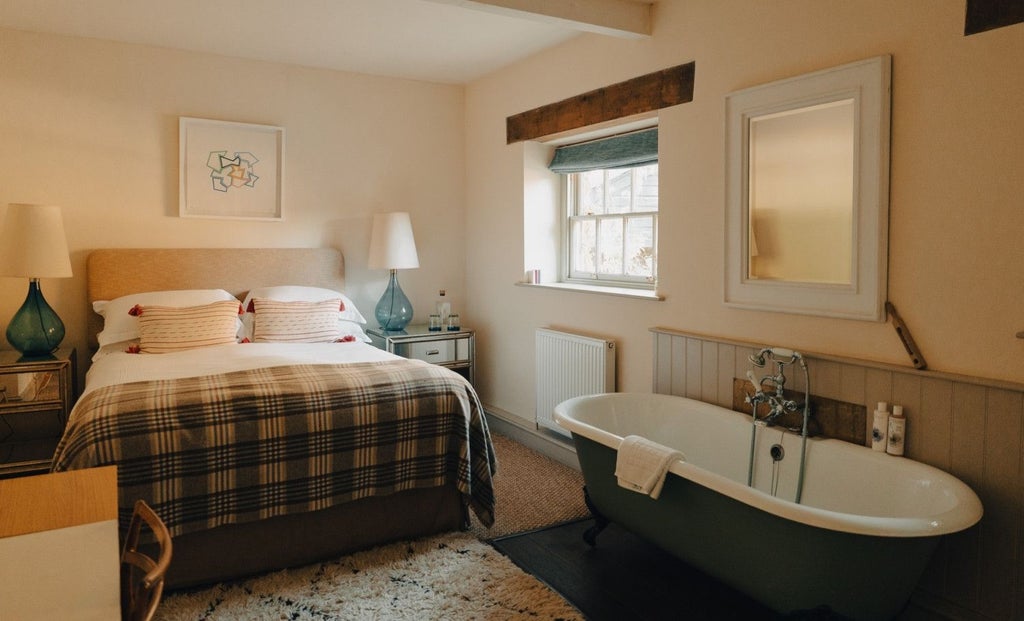 Spacious, elegantly furnished double hotel room with plush white bedding, warm wood furnishings, and soft ambient lighting at the Beckford Arms countryside retreat.