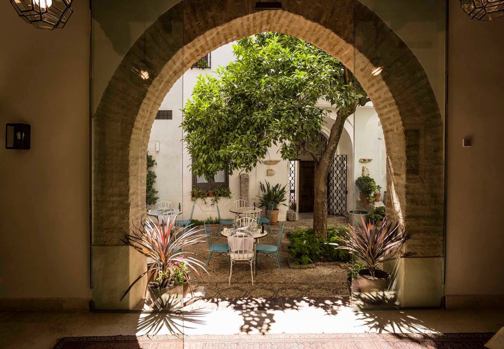 Historic Spanish colonial-style hotel with white-washed walls, wrought-iron balconies, and terracotta roof tiles overlooking a charming street in Córdoba's old town.