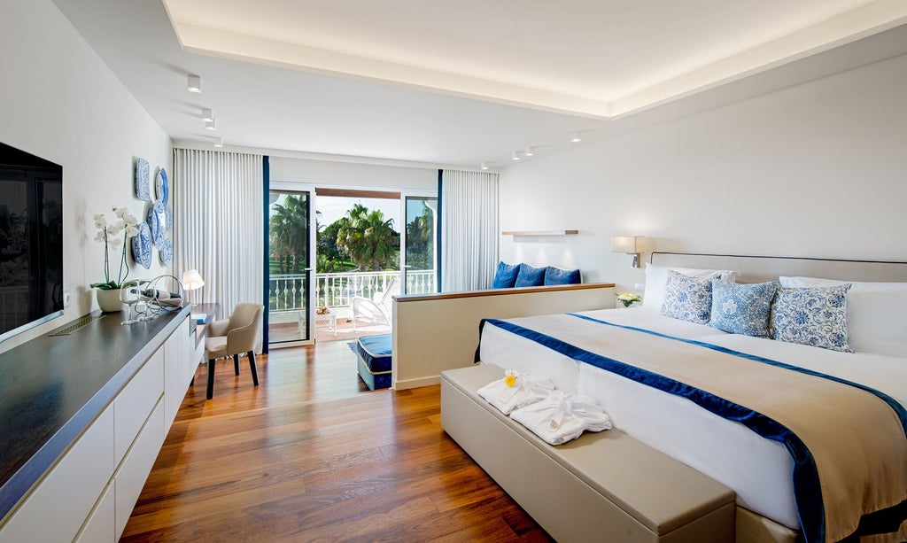 Elegant deluxe room with panoramic ocean view, featuring modern Portuguese design, plush white bedding, and sliding glass doors to a private balcony.