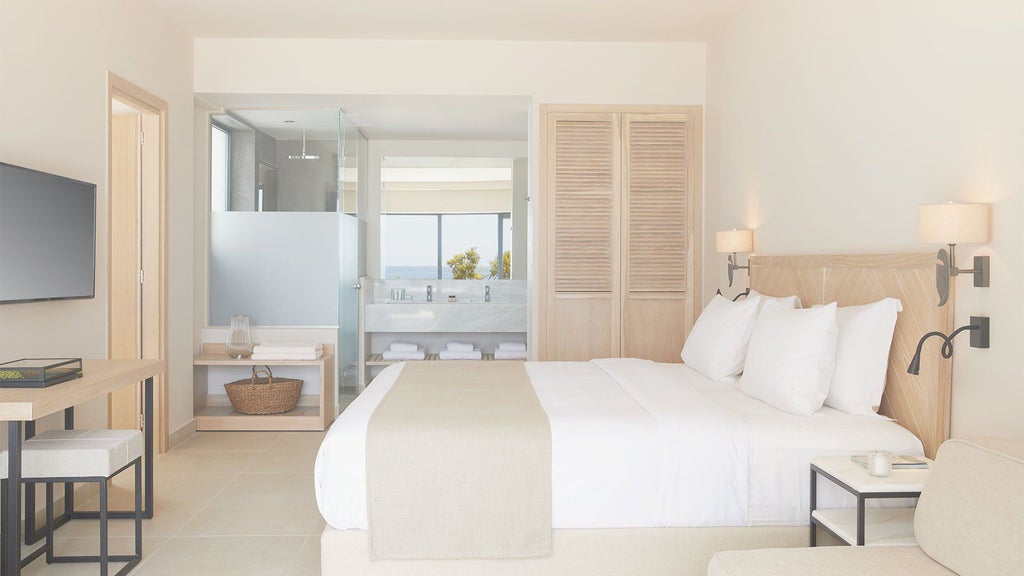 Luxurious junior suite with private plunge pool overlooking azure Aegean waters, featuring modern Greek design and sleek minimalist furnishings at ELIVI Skiathos hotel