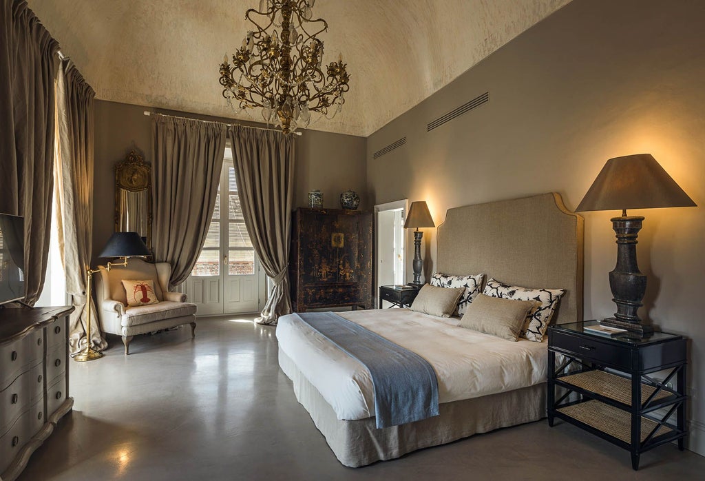 Elegant master suite with soft neutral tones, ornate four-poster bed, traditional Italian architectural details, and rich wooden furnishings in historic Villadorata building