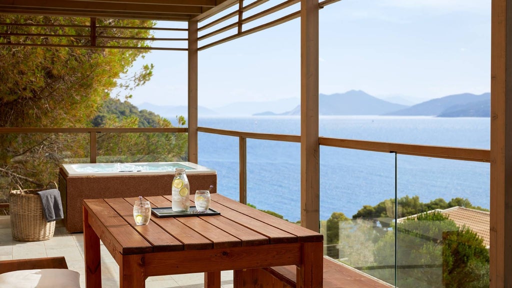 Luxurious premium suite with private hot tub overlooking the azure Aegean Sea at ELIVI Skiathos, featuring elegant white decor and panoramic coastal views