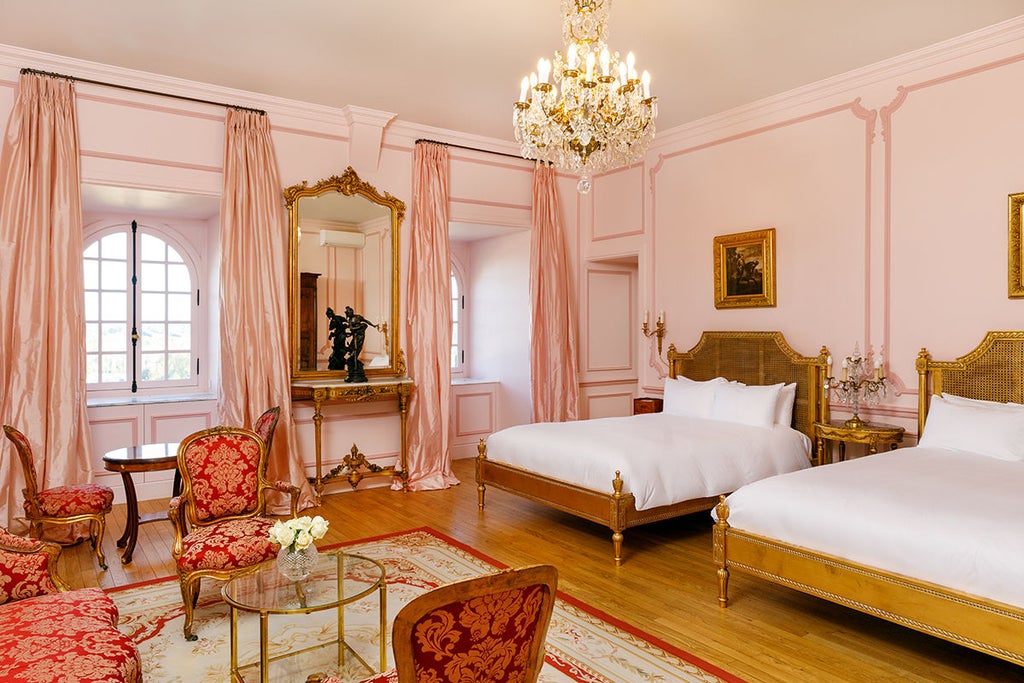 Elegant French château suite featuring twin queen beds, crystal chandelier, ornate moldings and panoramic countryside views through tall windows