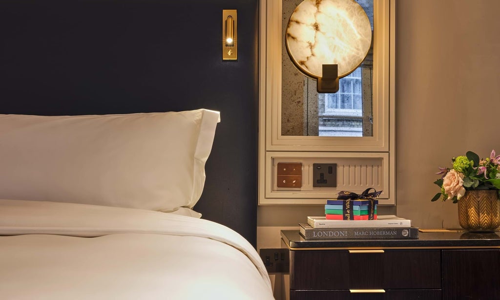 Elegant deluxe hotel room with plush king bed, rich navy blue walls, contemporary artwork, and sophisticated British design in scenset's Mayfair property