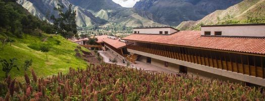 Luxurious eco-lodge nestled among Andean mountains, featuring rustic stone architecture with panoramic windows and traditional Peruvian design elements