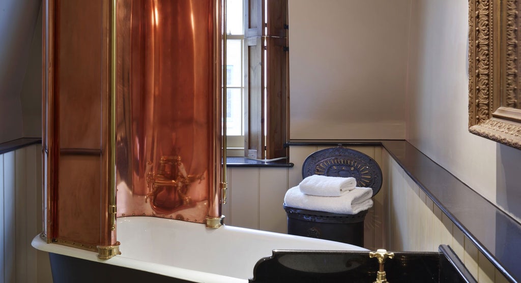 Elegant Georgian-style double bedroom with antique furnishings, rich deep burgundy walls, ornate four-poster bed, and luxurious period-inspired decor at Batty Langley's boutique hotel