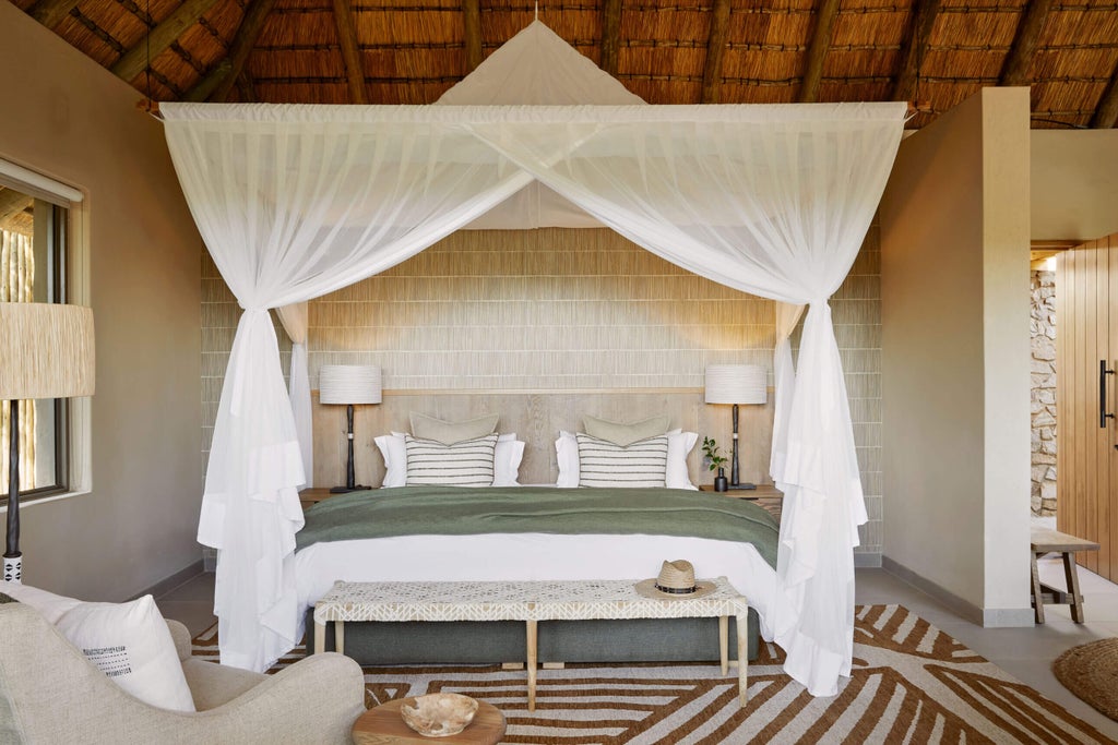 Private luxury safari lodge deck overlooking African savanna with plunge pool, cushioned loungers and canvas tent dining area