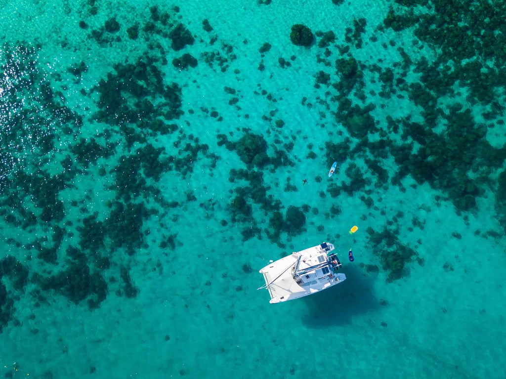 Luxurious private sailboat gliding through crystal-clear waters near scenic Elafiti islands, with rugged coastline and pine trees