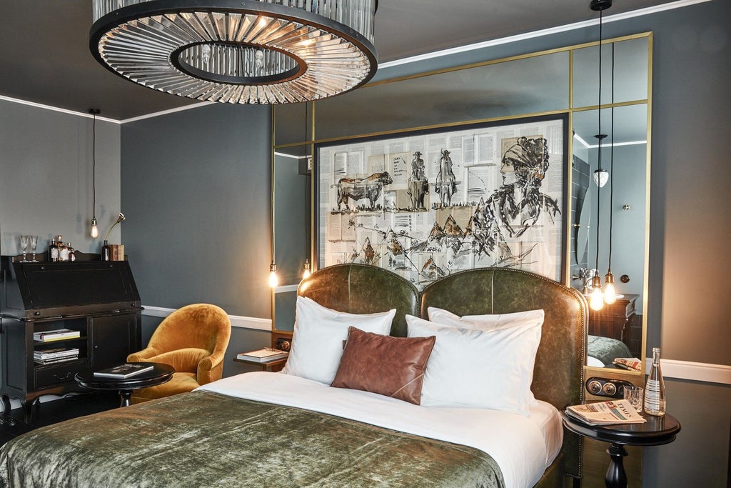 Luxurious hotel suite with contemporary design, featuring plush white bedding, sleek furniture, and warm wood accents in a sophisticated urban German setting