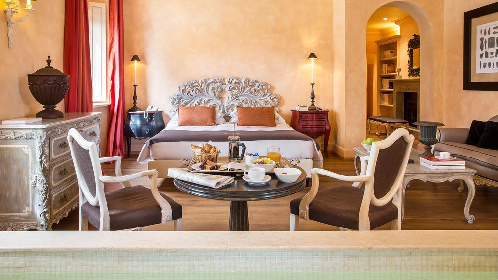 Luxurious Superior Suite at L'Andana with elegant Tuscan-inspired decor, plush king bed, soft neutral tones, and expansive windows overlooking scenic countryside