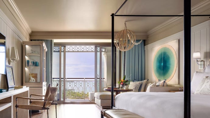 The easy-living Bahamian seascapes flow into the room design at Rosewood Baha Mar