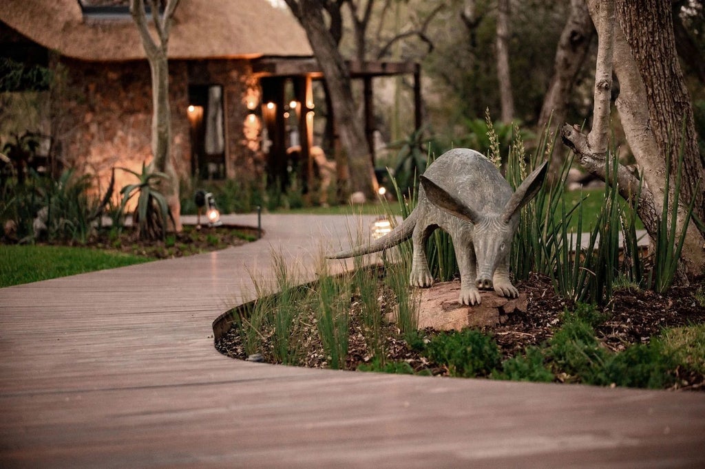 Private luxury safari lodge with thatched-roof terrace overlooking serene bushveld water hole, set against rugged African savanna