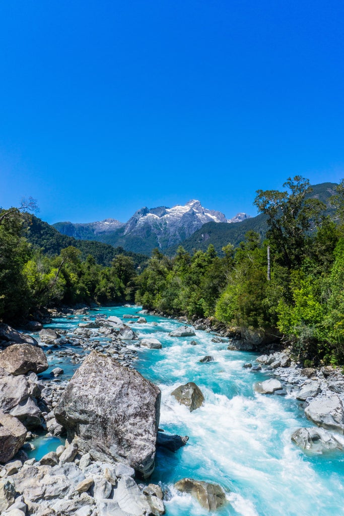 Dramatic mountain peaks of Torres del Paine rising above pristine turquoise lake, wild guanacos grazing in lush Patagonian grasslands