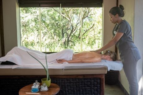 Luxurious safari lodge suite with private plunge pool overlooking African bush, featuring thatched roof and wooden deck at sunset