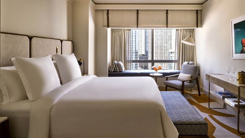 Spacious luxury hotel room with panoramic Miami skyline view, floor-to-ceiling windows, modern contemporary design, and elegant neutral color palette