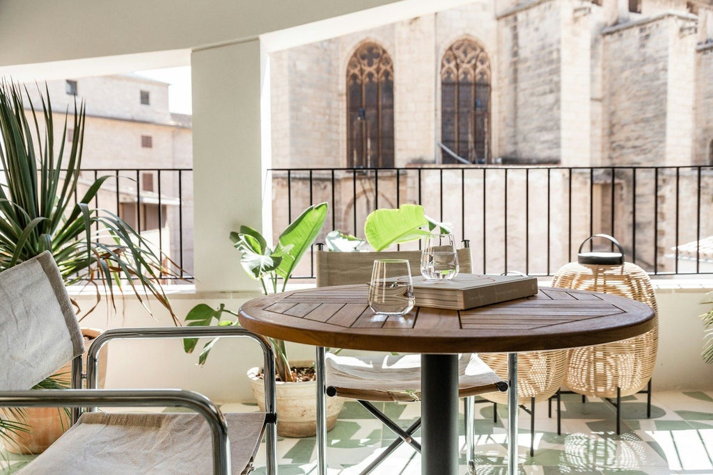 Spacious luxurious terrace room with elegant white furnishings, warm wood accents, and large windows overlooking scenic urban landscape in Spain