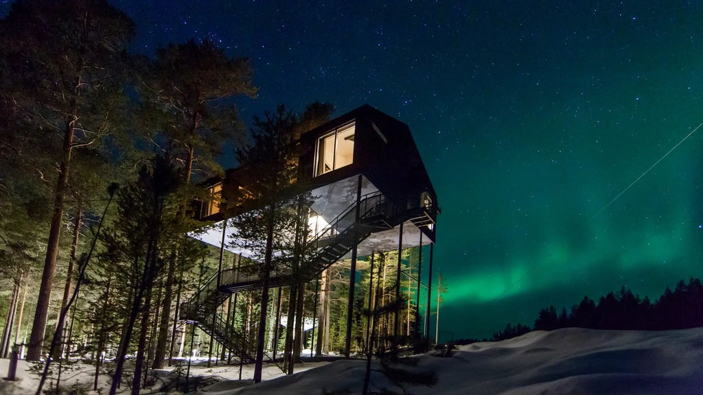 Mirrored geometric treehouse suspended amid pine forest, reflecting surroundings with sleek, minimalist design and contemporary Scandinavian architectural elegance