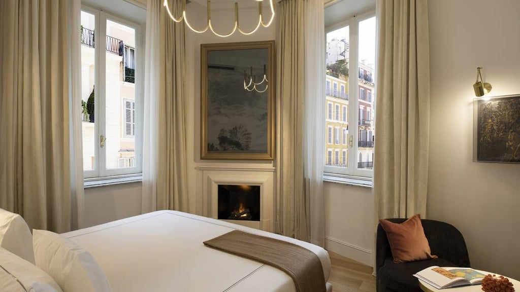 Luxurious corner spa suite with modern Italian design, plush white bedding, sleek marble bathroom, and panoramic city view in Rome's elegant boutique hotel