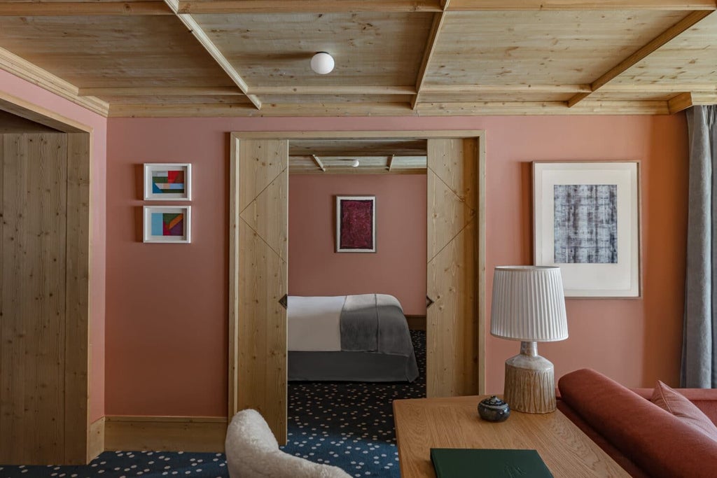 Elegant alpine suite with contemporary design, featuring wooden accents, plush white bedding, and expansive mountain view through large windows at French ski resort