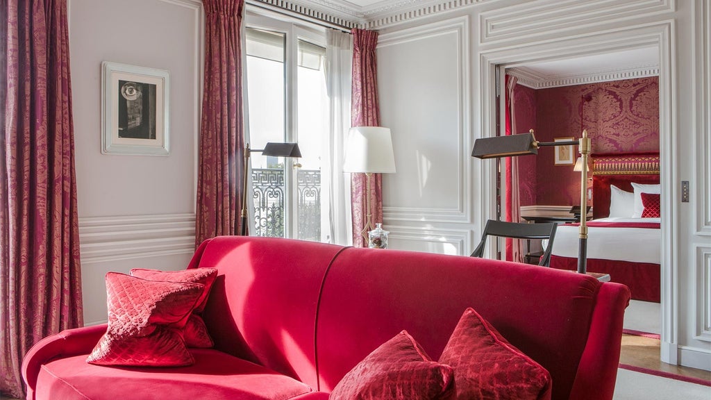 Opulent Parisian hotel suite with plush cream armchairs, marble fireplace, and expansive city view through large elegant windows at La Réserve Hotel & Spa