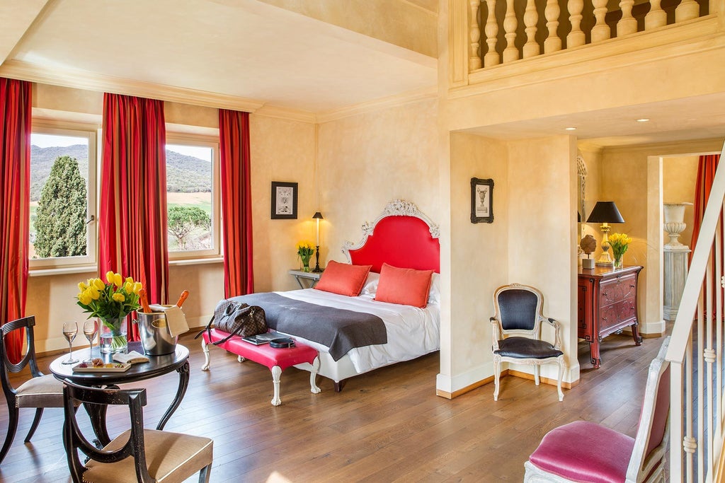 Elegant Tuscan-style junior suite with rustic wood furnishings, crisp white linens, and soft natural light illuminating a spacious, luxurious hotel room