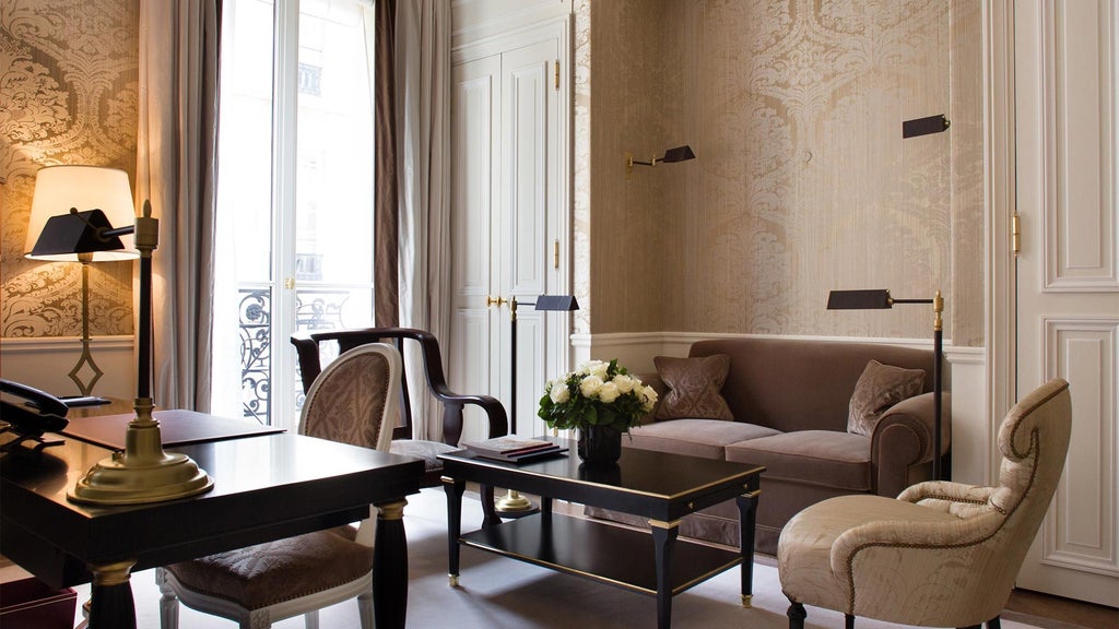 Elegant Parisian hotel suite with plush cream furnishings, soft lighting, modern design, and expansive city view through large windows at La Réserve luxury hotel