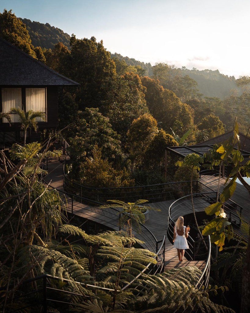 Elevated luxury cabin perched on misty mountain slopes in Bali, featuring glass walls, wooden deck, and panoramic rainforest views