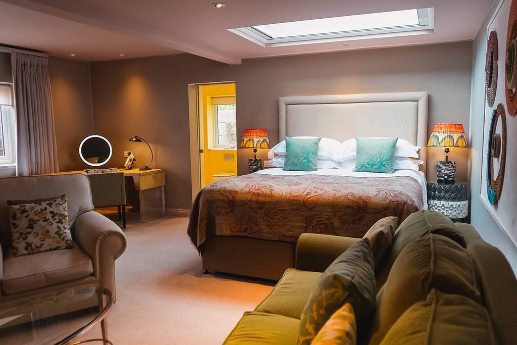 Luxurious deluxe king hotel room with plush bedding, elegant furnishings, soft lighting, and sophisticated neutral color palette in a refined United Kingdom setting