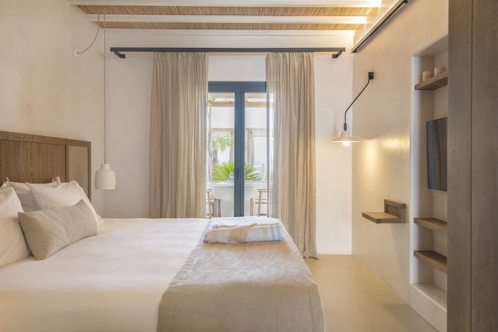 Luxurious white-themed deluxe hotel room with panoramic sea view, private pool access, and minimalist Cycladic design, overlooking Mykonos coastline