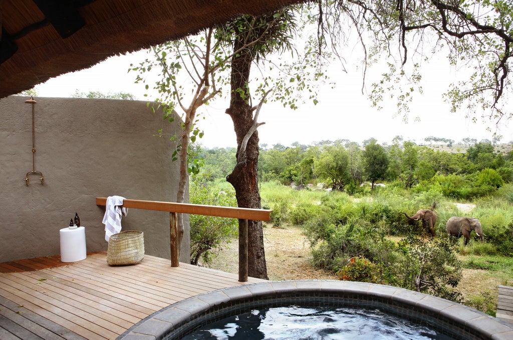 Luxurious safari lodge suite with private plunge pool overlooking African bushveld, featuring thatched roof and wooden deck terrace