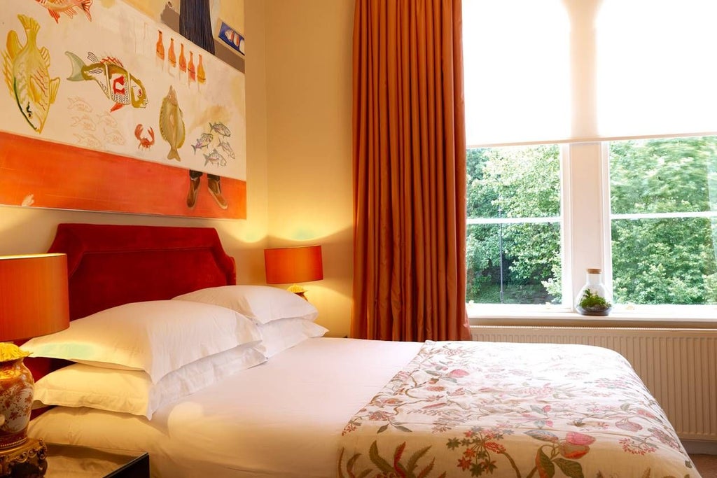 Elegant double hotel room with plush bedding, warm wooden accents, and soft lighting, featuring contemporary design in a cozy UK accommodation setting