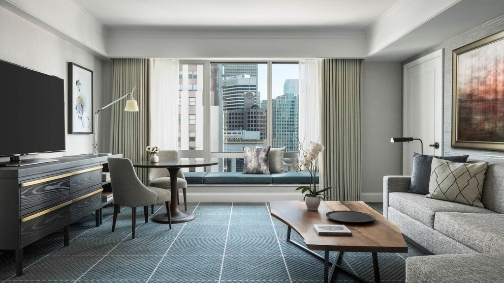 Elegant one-bedroom suite at Four Seasons Hotel with city skyline view, contemporary furnishings, king bed, and floor-to-ceiling windows showcasing urban luxury.