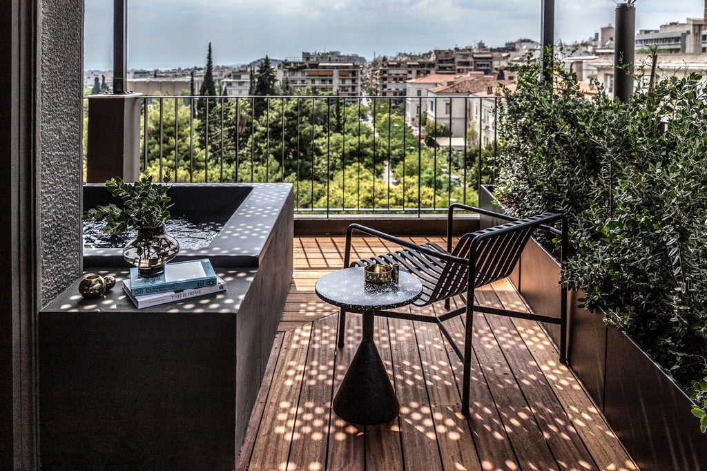 Minimalist white-washed hotel room with sleek design, large windows overlooking Athens cityscape, showcasing contemporary Greek luxury hospitality