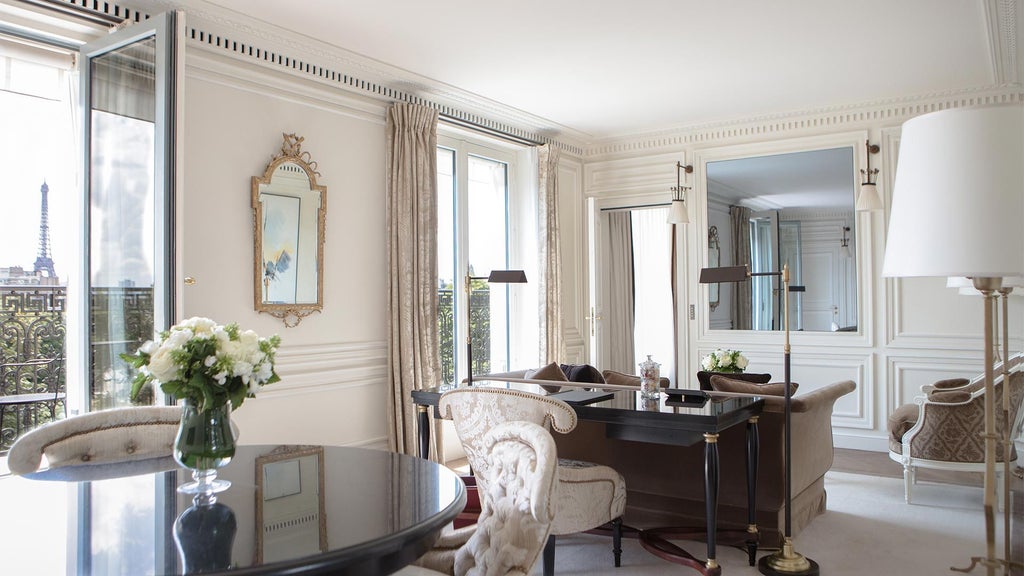 Opulent Parisian hotel facade with elegant neoclassical architecture, grand windows, and refined stone exterior overlooking a tree-lined street in the heart of the city