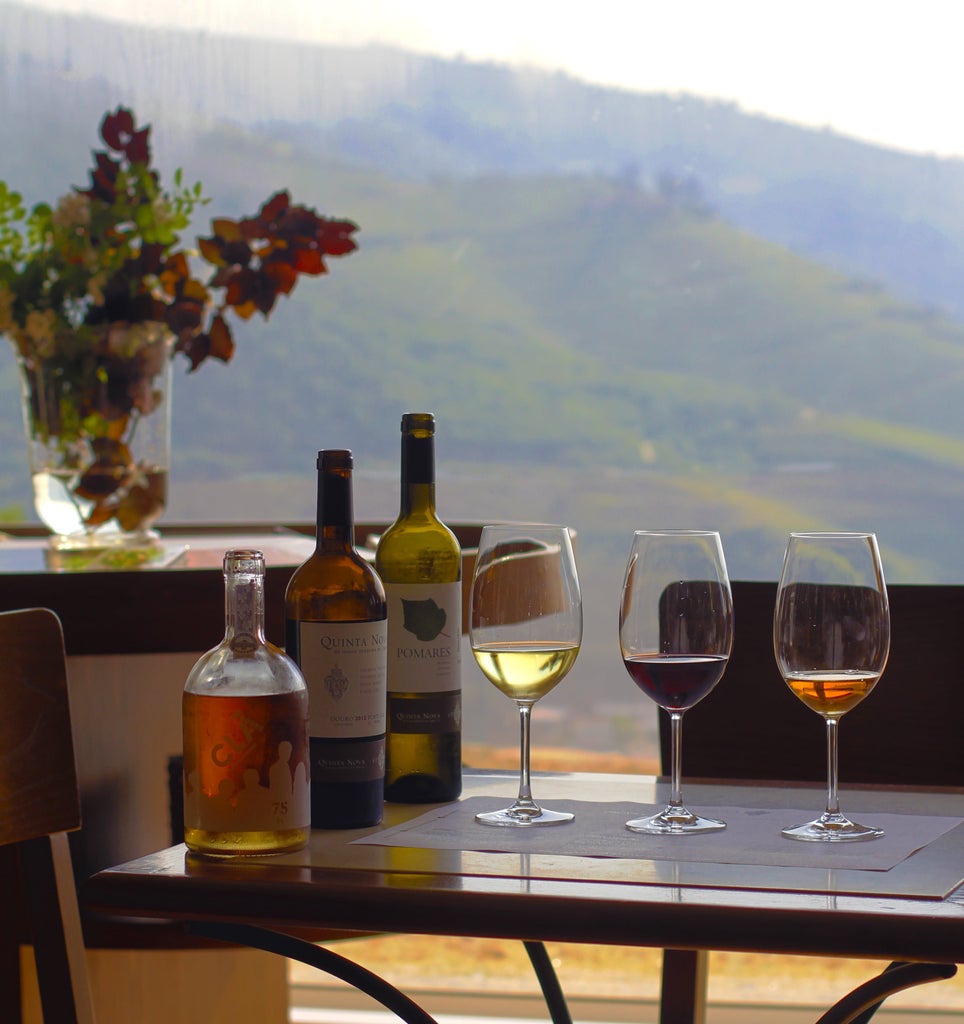 Luxurious vineyard terrace overlooking Douro River valley, traditional stone winery with elegant wine tasting setup and panoramic Portuguese landscape