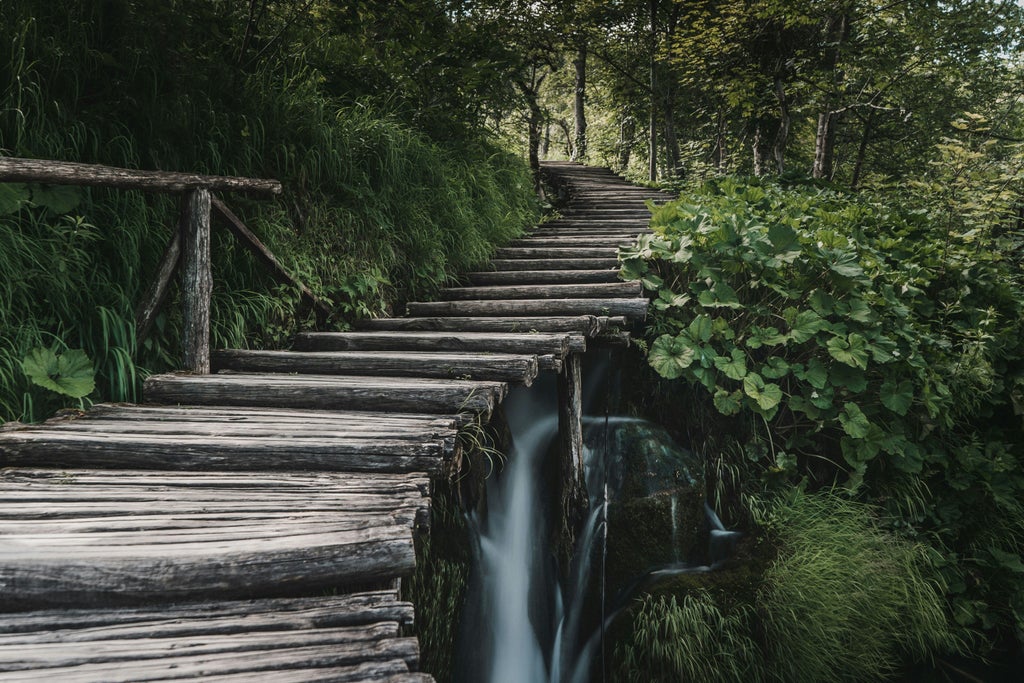 Tour group enjoying scenic Plitvice Lakes with wooden pathways over turquoise waterfalls amid lush green forest in Croatia