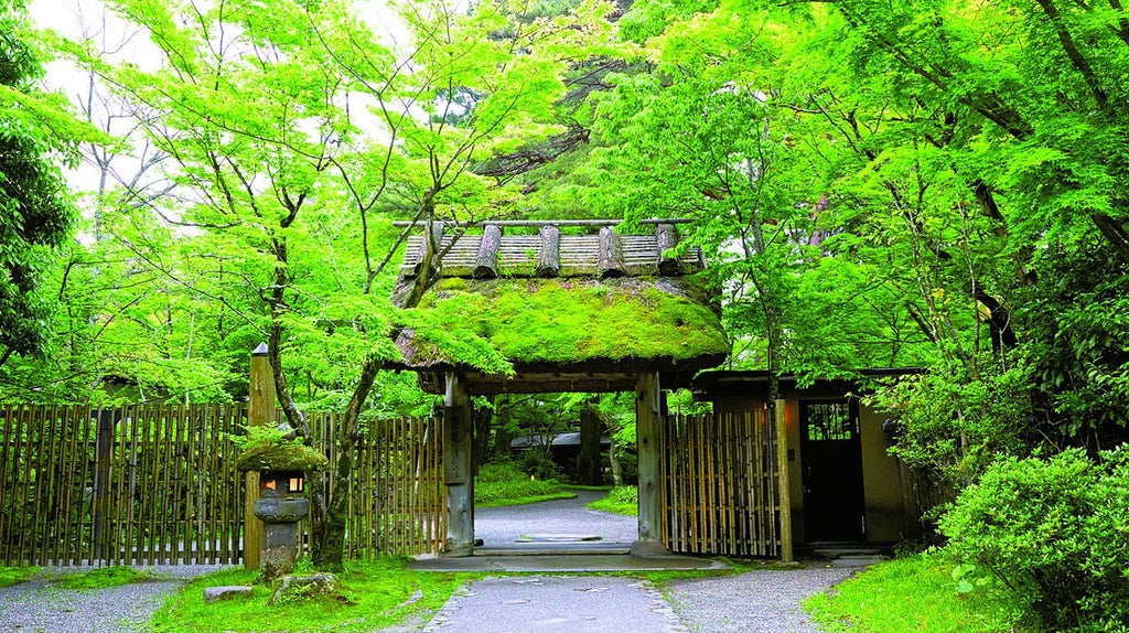 Traditional Japanese ryokan with wooden architecture, featuring private outdoor onsen baths surrounded by lush gardens and mountain views