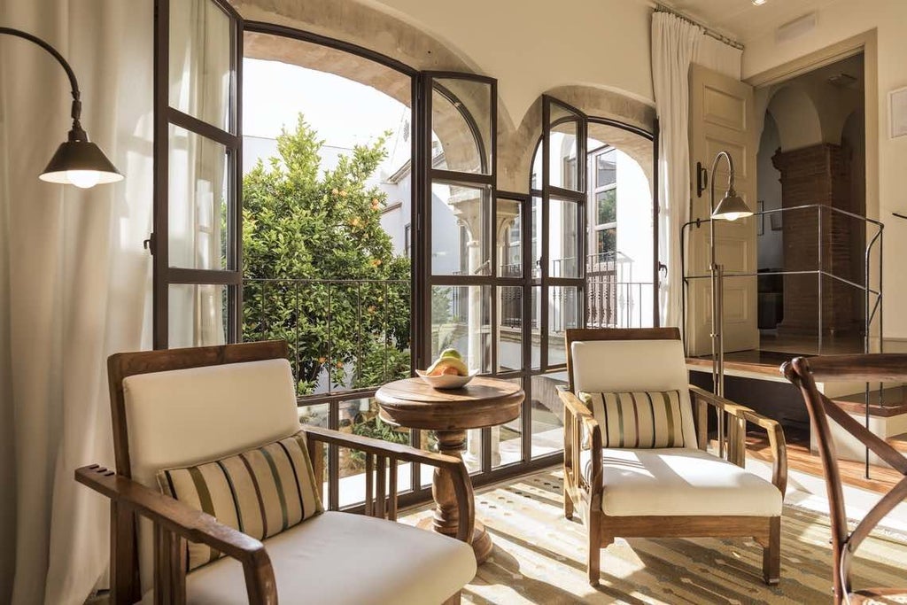 Elegant white-washed Spanish colonial hotel with ornate balconies overlooking historic Córdoba's charming stone-paved streets and traditional Andalusian architecture