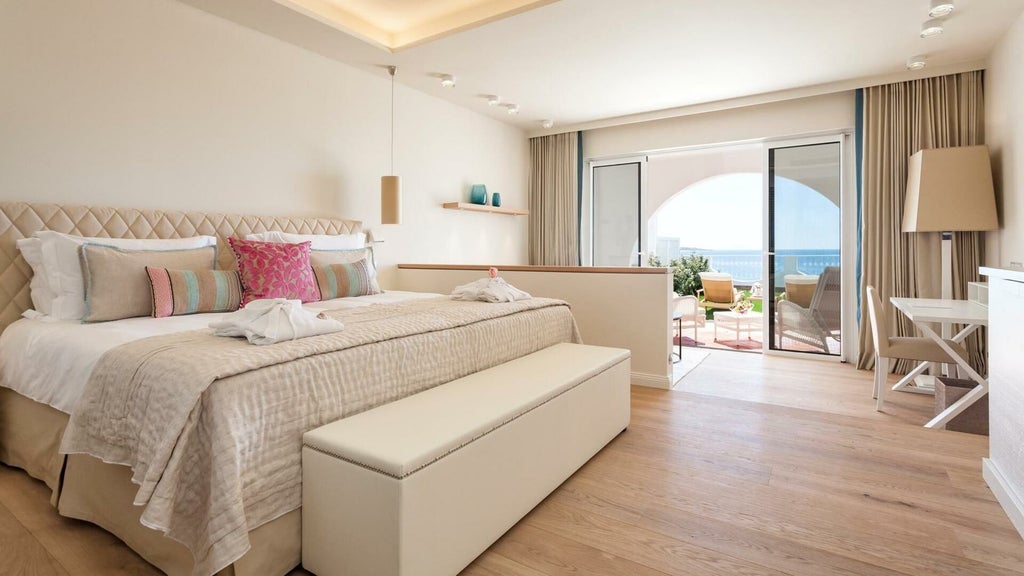 Luxurious deluxe hotel room with panoramic ocean view, elegant white decor, plush king bed, and floor-to-ceiling windows overlooking Portuguese coastline