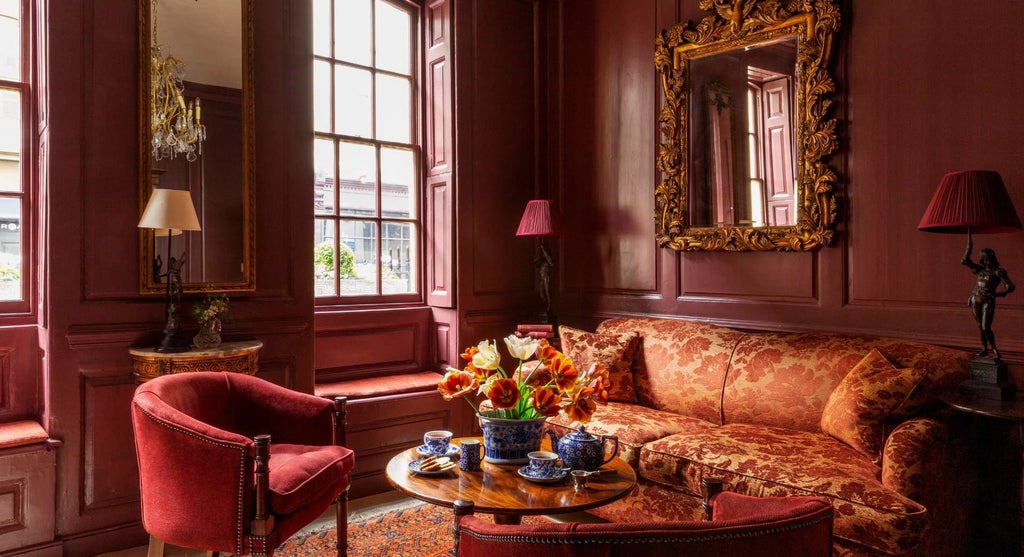 Historic Georgian townhouse hotel in London, featuring elegant interiors with antique furnishings, ornate chandeliers, and luxurious period details