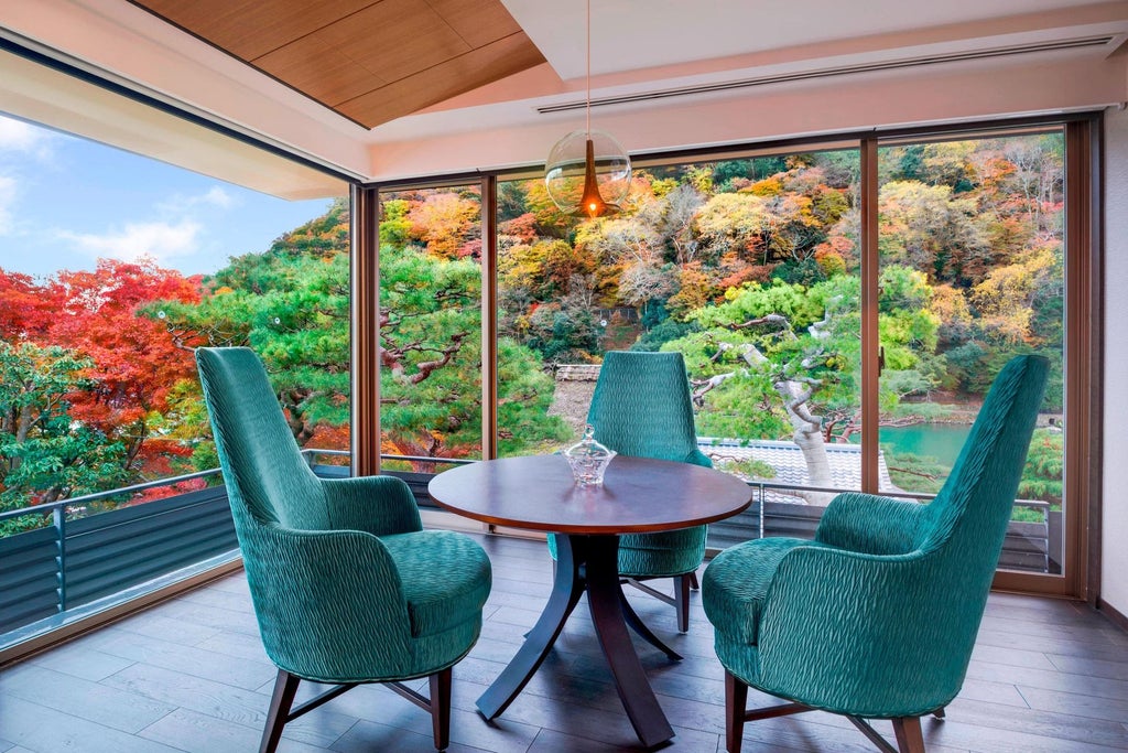 Elegant Suiran Presidential Suite in Kyoto, featuring traditional Japanese design with modern luxury, plush bedding, and serene riverside view through expansive windows