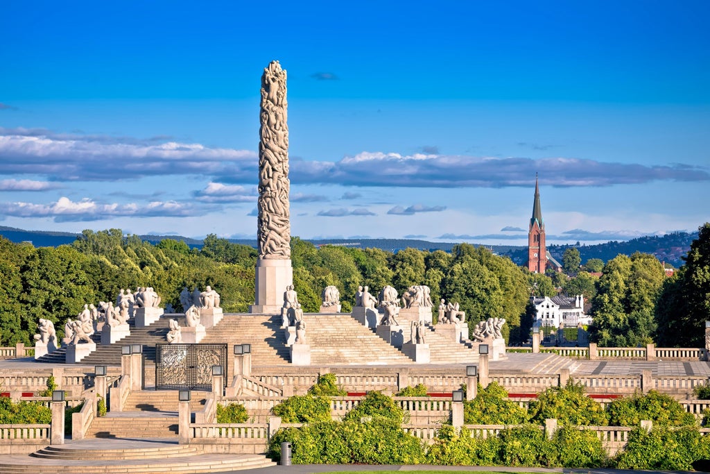 Historic cobblestone streets of Oslo with elegant travelers exploring colorful buildings and traditional Nordic architecture during a guided walking tour at midday