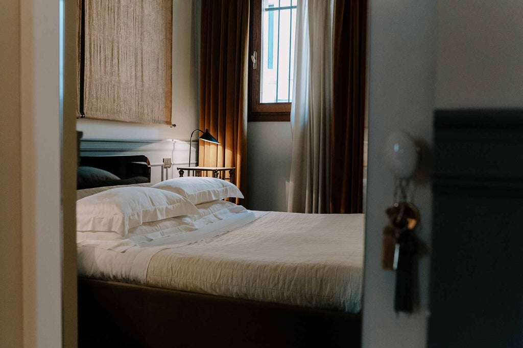 Elegant classic-style hotel room with crisp white linens, ornate wooden furniture, and soft neutral tones in a charming Italian boutique setting