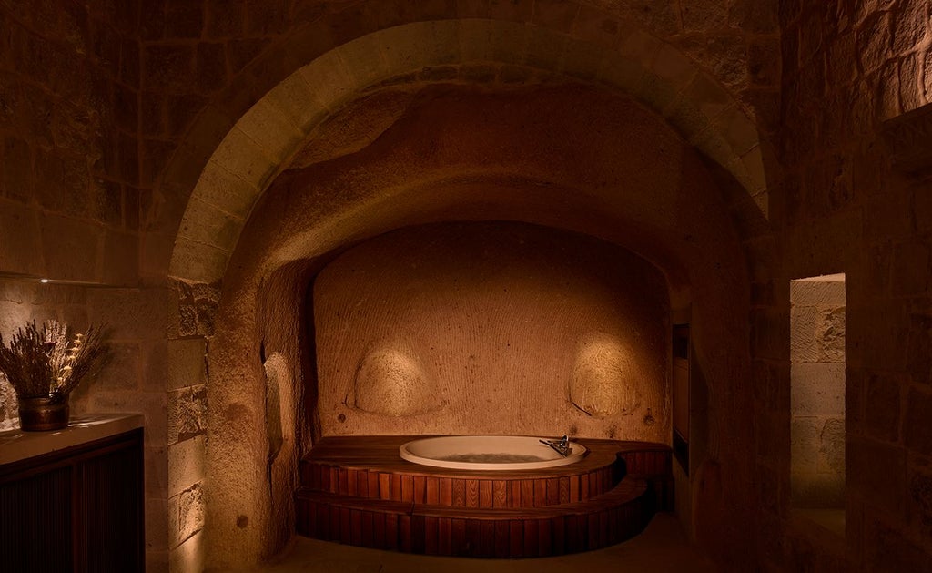 Luxurious jacuzzi suite in Argos in Cappadocia, featuring stone walls, elegant decor, and panoramic views of the unique Turkish landscape at sunset.