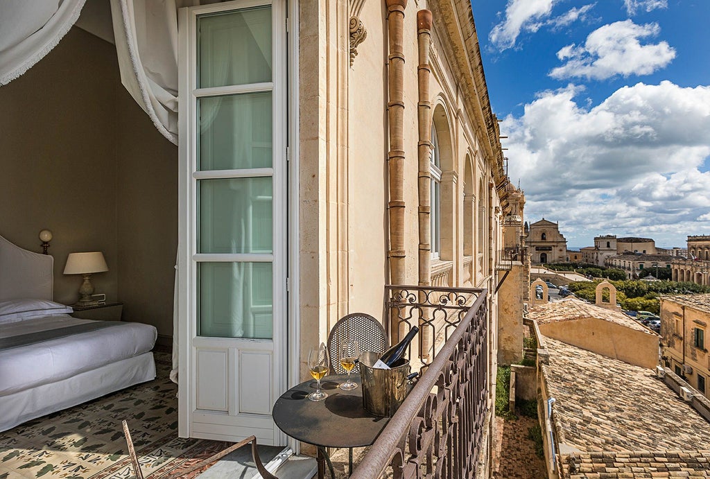 Luxurious Italian palazzo with elegant stone facade, arched windows, and terracotta rooftops overlooking scenic Noto landscape in Sicily