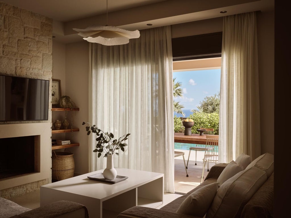 Elegant white-washed Greek villa bedroom with panoramic sea view, blue accents, minimalist design, and traditional Cycladic architectural elements