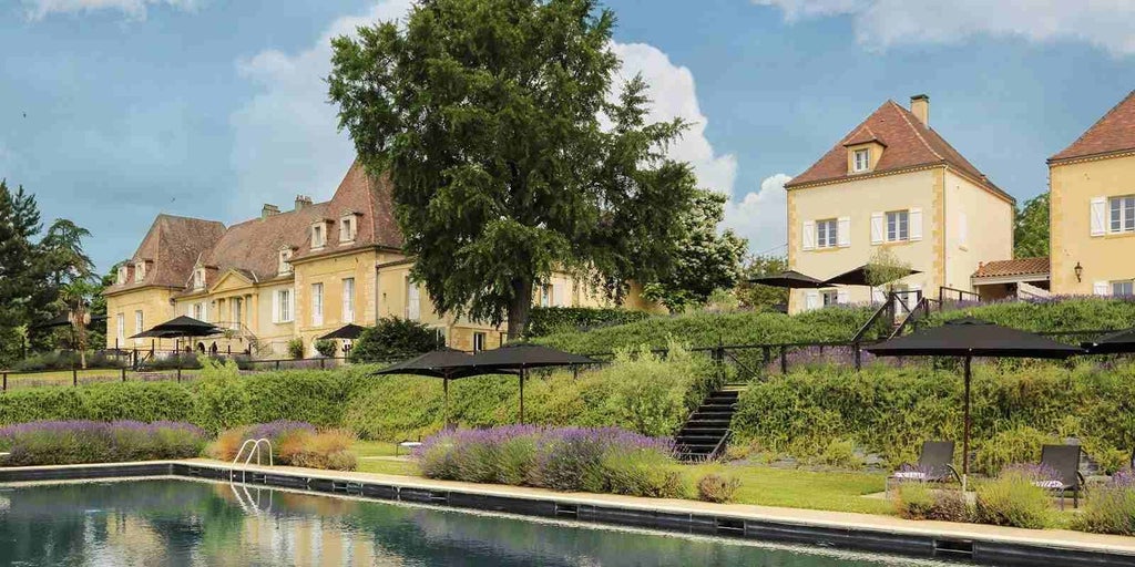 Elegant French countryside château with stone architecture, manicured gardens, and cypress trees overlooking rolling vineyards in Dordogne region