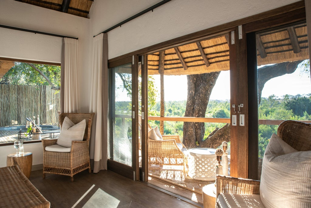 Safari lodge suite with private plunge pool overlooking savanna grasslands, elegant thatched roof, and contemporary African decor